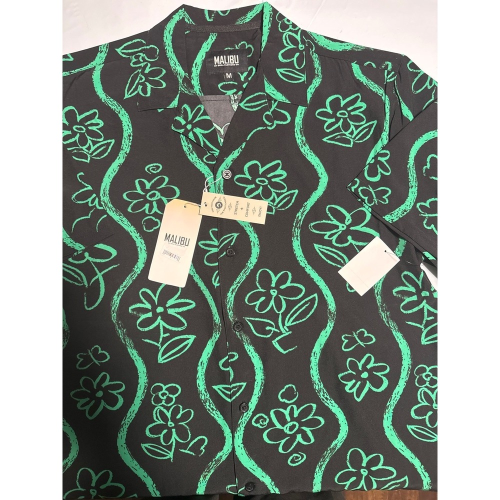 MALIBU Black Green Floral Print Stretch Comfort Short Sleeve Button‎ Down Shirt
